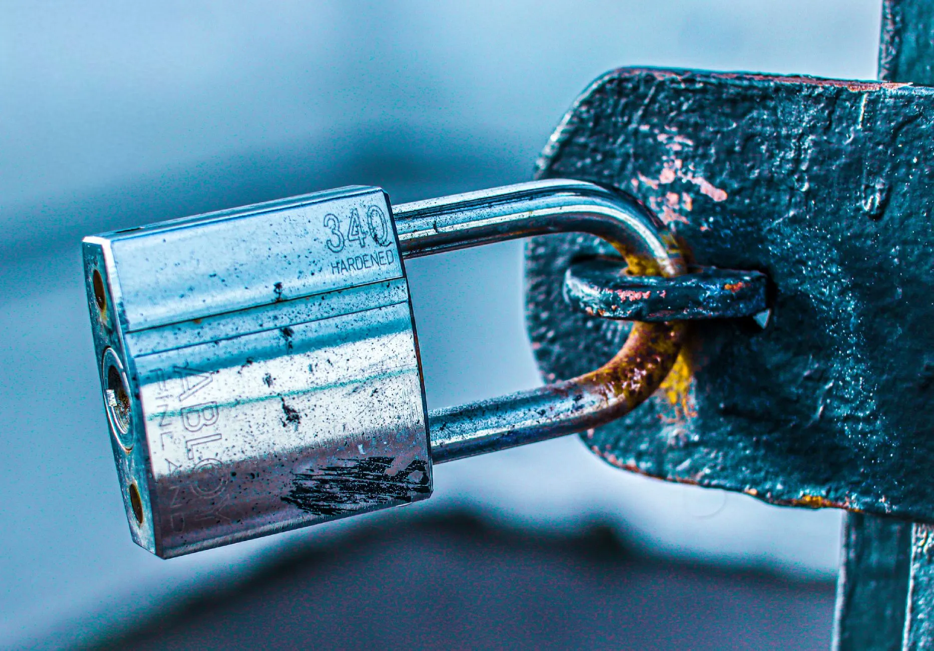 A close-up of a sturdy padlock on a metal gate